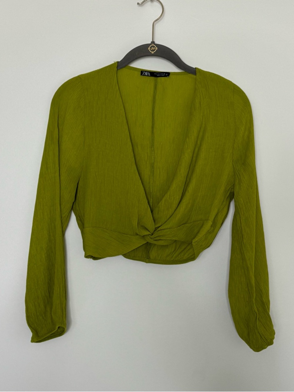 Zara Olive Twist-Front V-Neck Long Sleeve Blouse